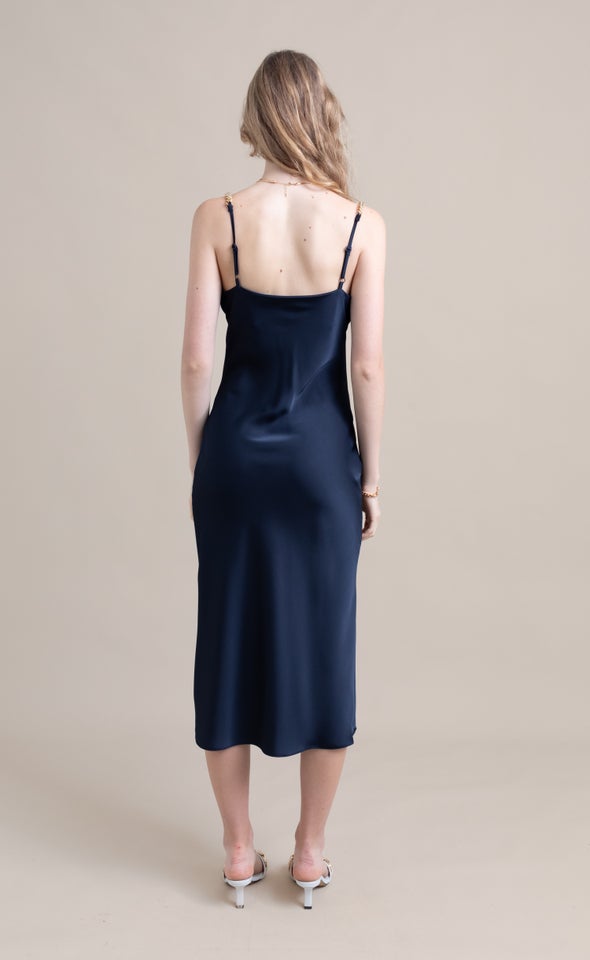 Satin Gold Chain Strap Slip Dress Midnight