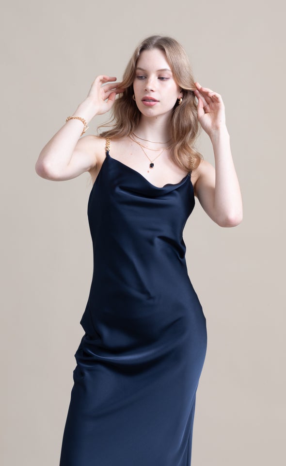 Satin Gold Chain Strap Slip Dress Midnight
