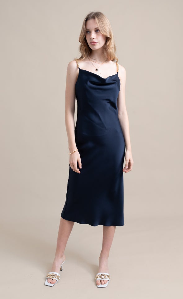 Satin Gold Chain Strap Slip Dress Midnight