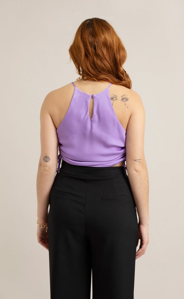 Satin Halter Drawstring Crop Top Purple