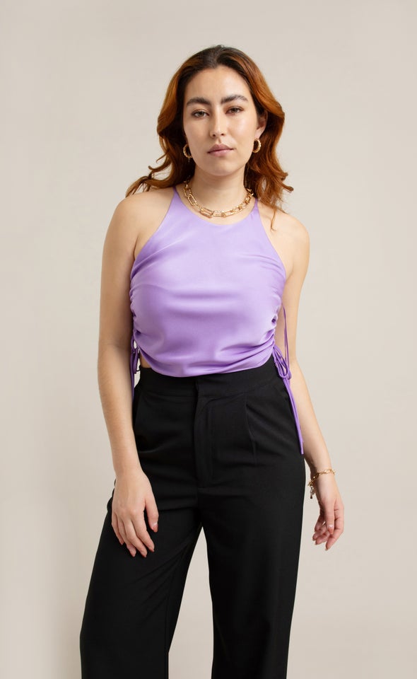Satin Halter Drawstring Crop Top Purple