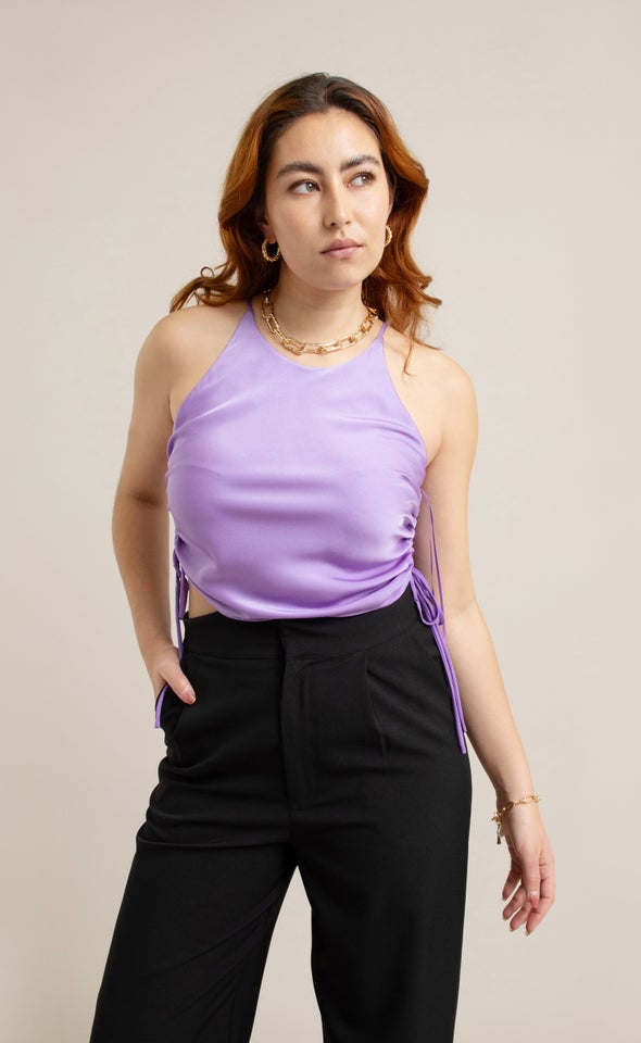 Satin Halter Drawstring Crop Top Purple
