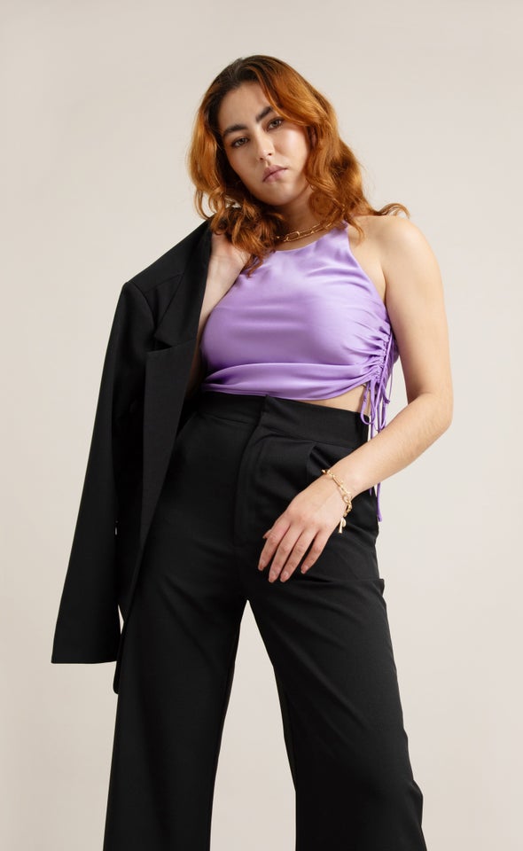 Satin Halter Drawstring Crop Top Purple