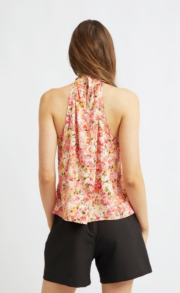 Satin Halter Twist Shell Top Tan/pink