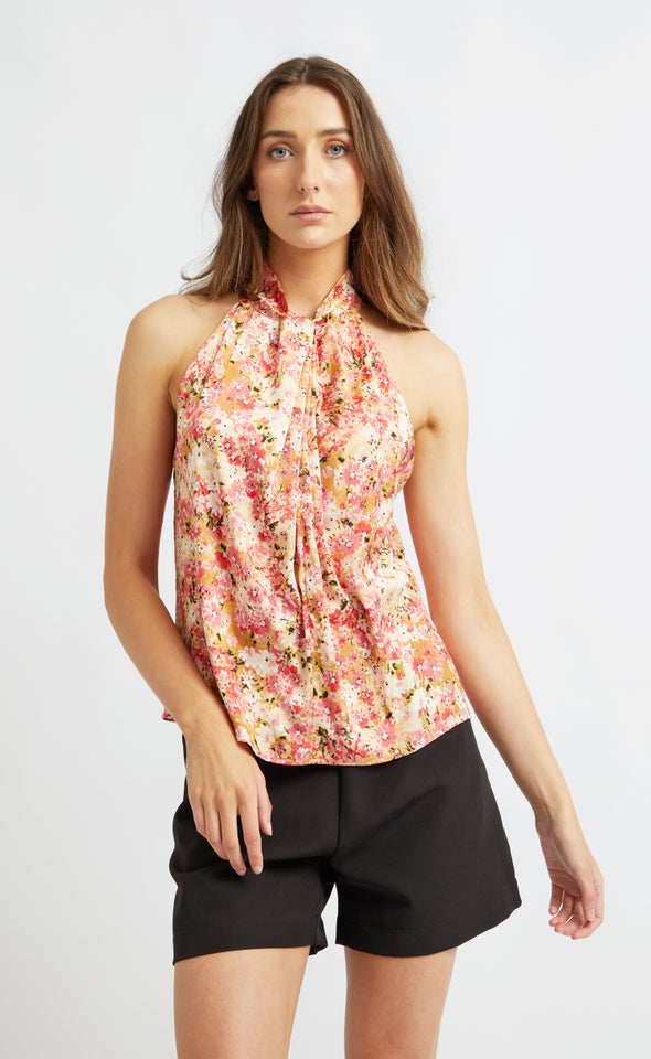 Satin Halter Twist Shell Top Tan/pink