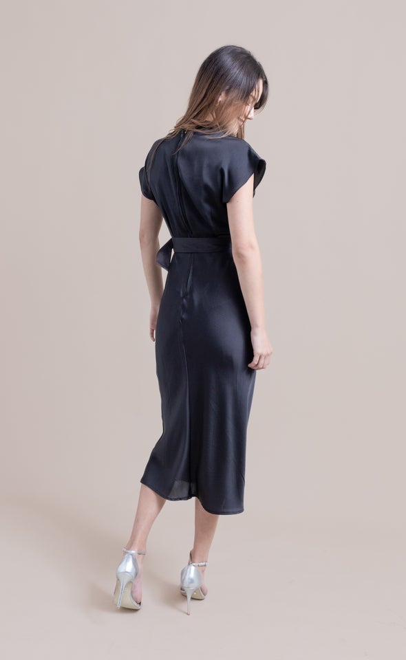 Satin High Neck Belted Flutter Dress Black