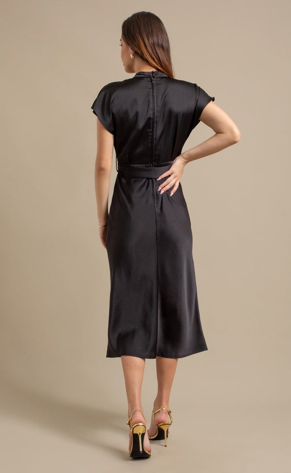 Satin High Neck Belted Flutter Dress Black