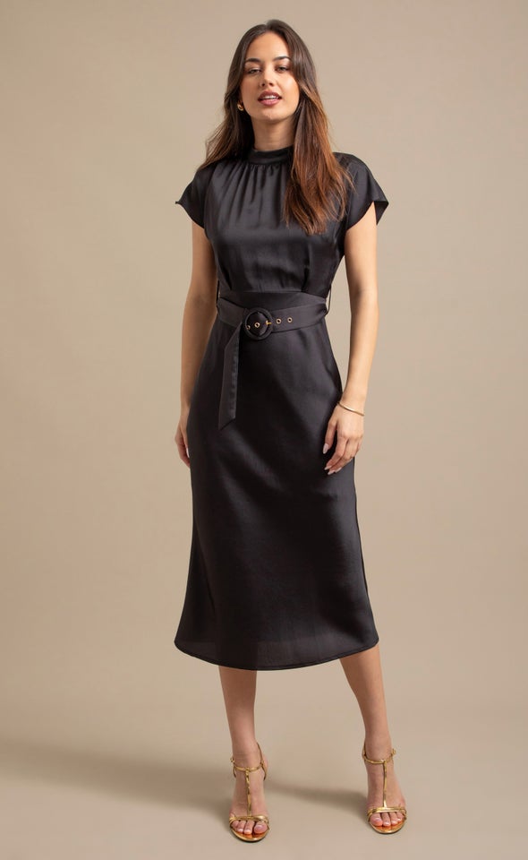 Satin High Neck Belted Flutter Dress Black