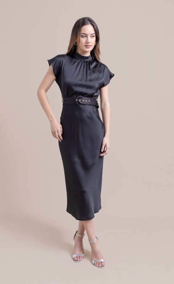 Satin High Neck Belted Flutter Dress Black