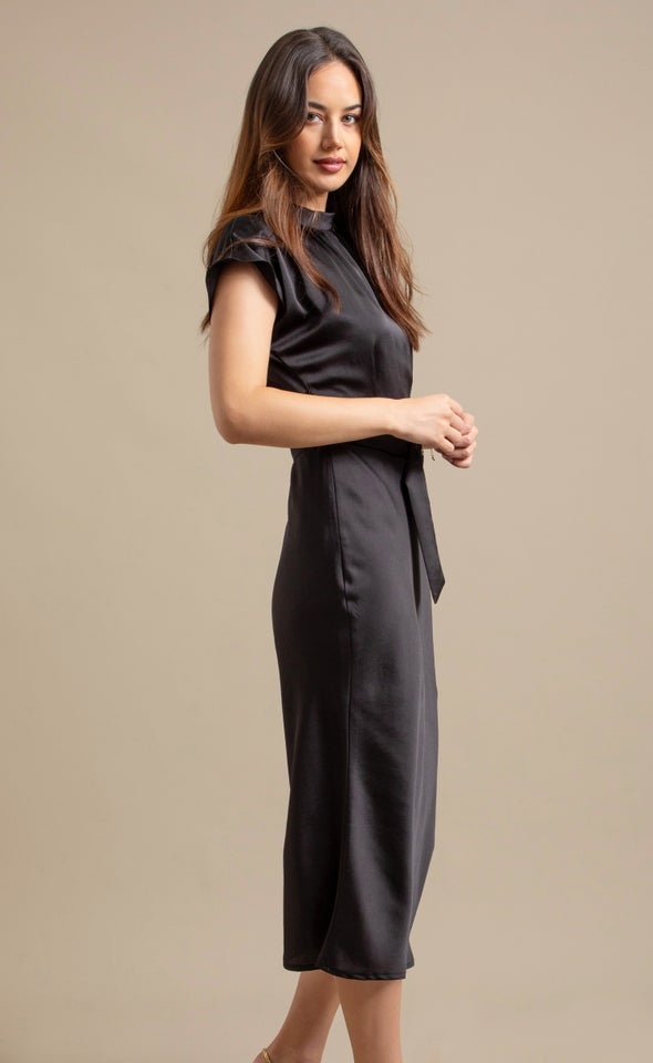 Satin High Neck Belted Flutter Dress Black