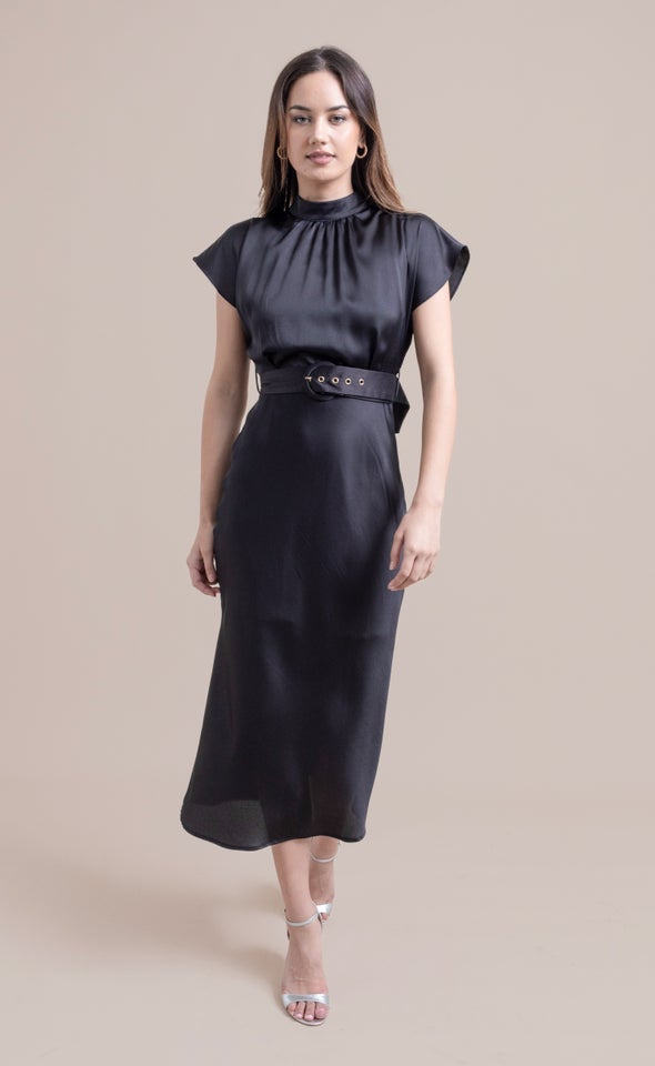 Satin High Neck Belted Flutter Dress Black