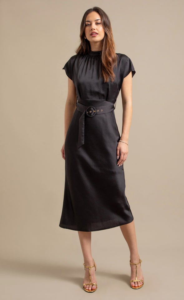 Satin High Neck Belted Flutter Dress Black
