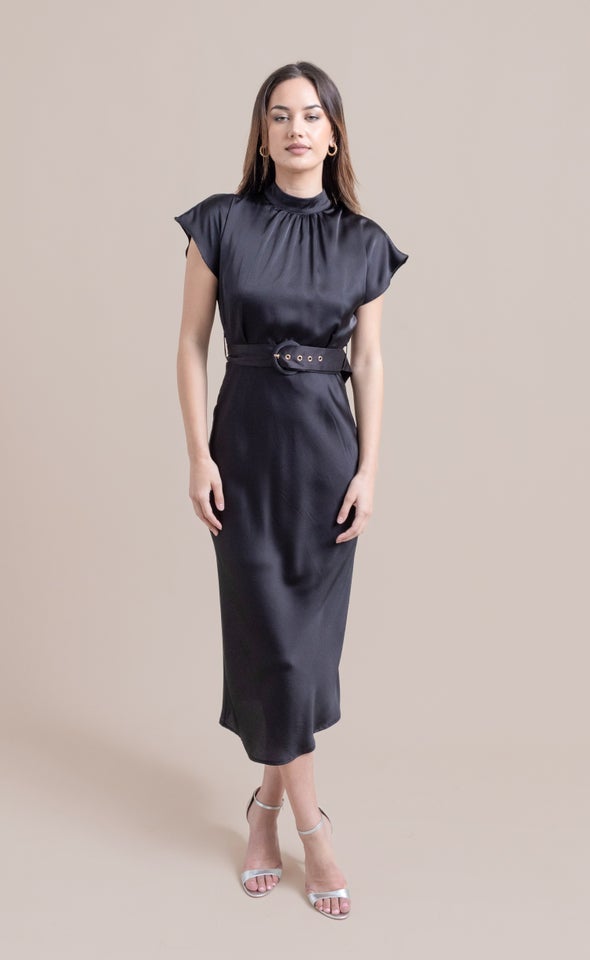 Satin High Neck Belted Flutter Dress Black