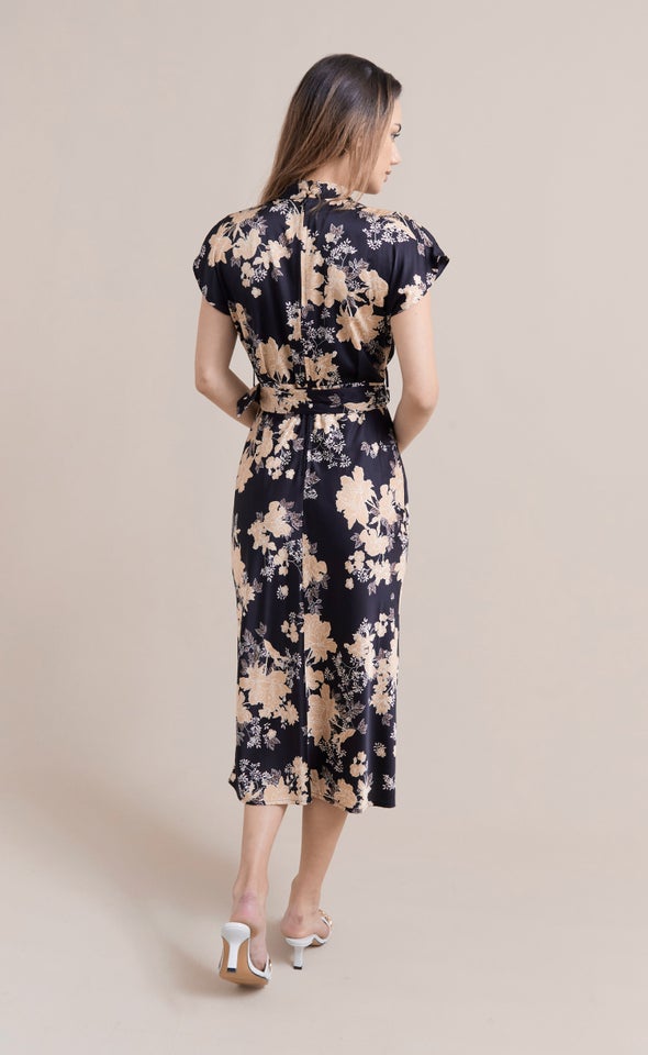 Satin High Neck Belted Flutter Dress Black/floral