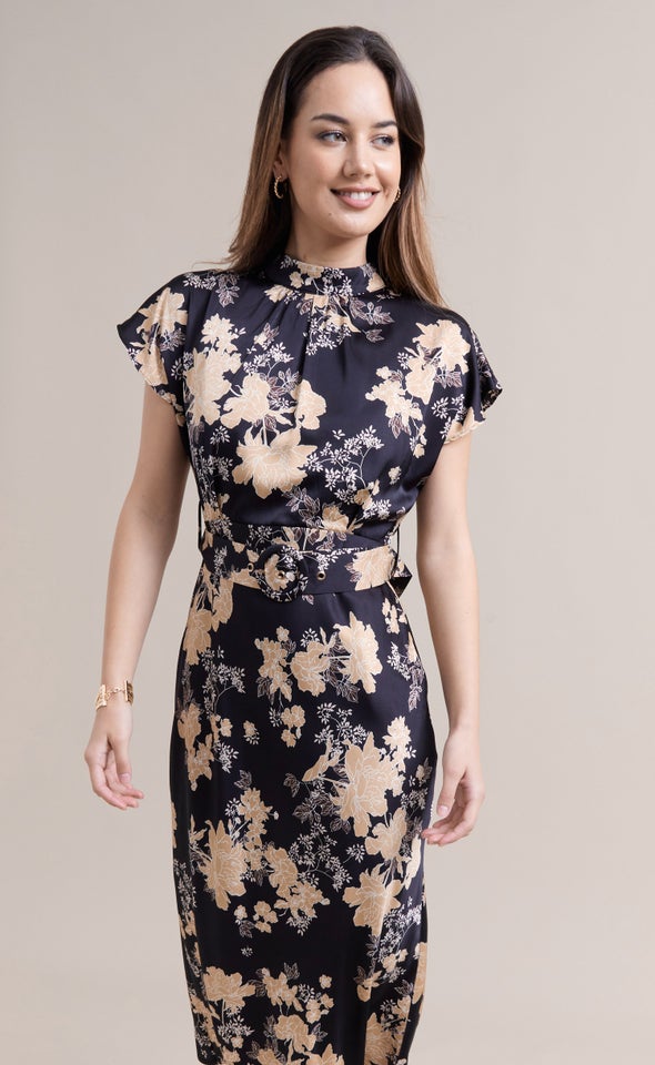 Satin High Neck Belted Flutter Dress Black/floral