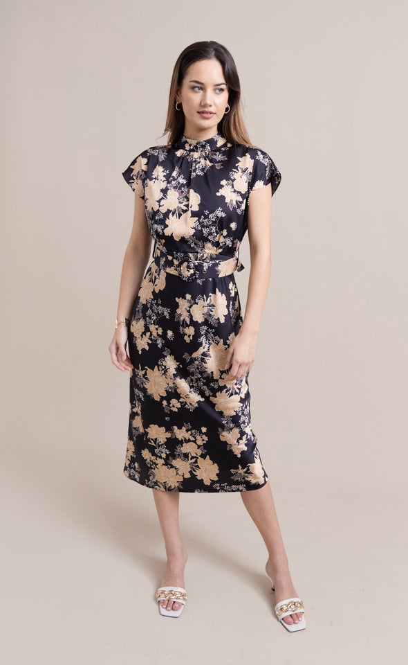 Satin High Neck Belted Flutter Dress Black/floral