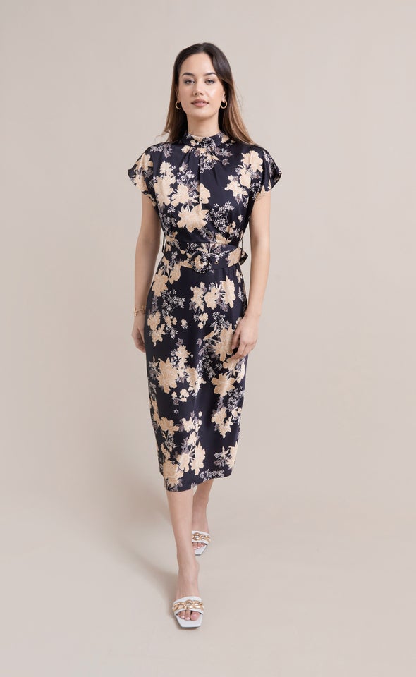 Satin High Neck Belted Flutter Dress Black/floral