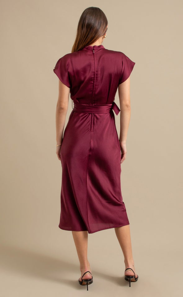 Satin High Neck Belted Flutter Dress Burgundy