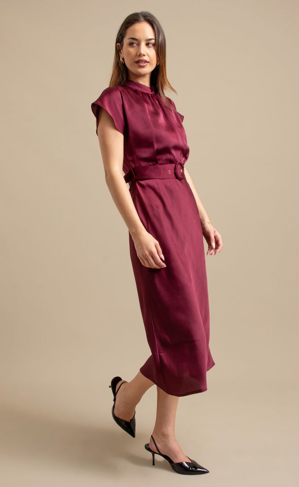 Satin High Neck Belted Flutter Dress Burgundy