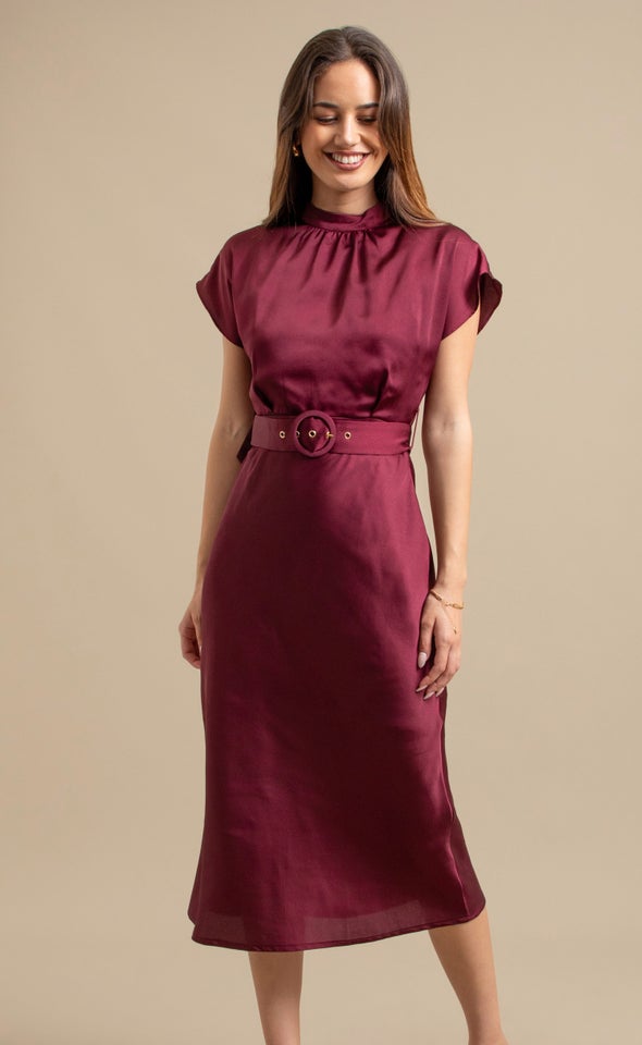 Satin High Neck Belted Flutter Dress Burgundy