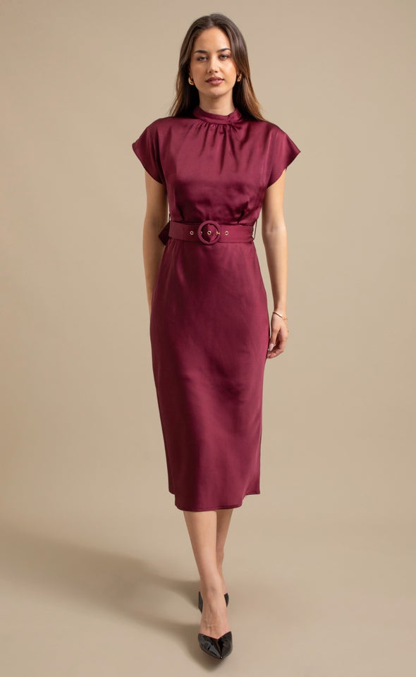 Satin High Neck Belted Flutter Dress Burgundy