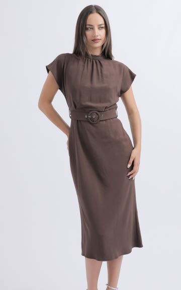 Shop our Satin High Neck Belted Flutter Dress in Cocoa | Pagani