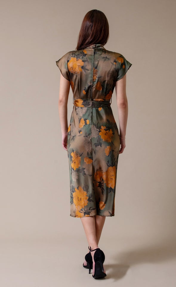 Satin High Neck Belted Flutter Dress Green/ochre