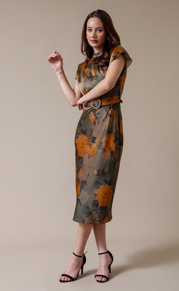 Satin High Neck Belted Flutter Dress Green/ochre