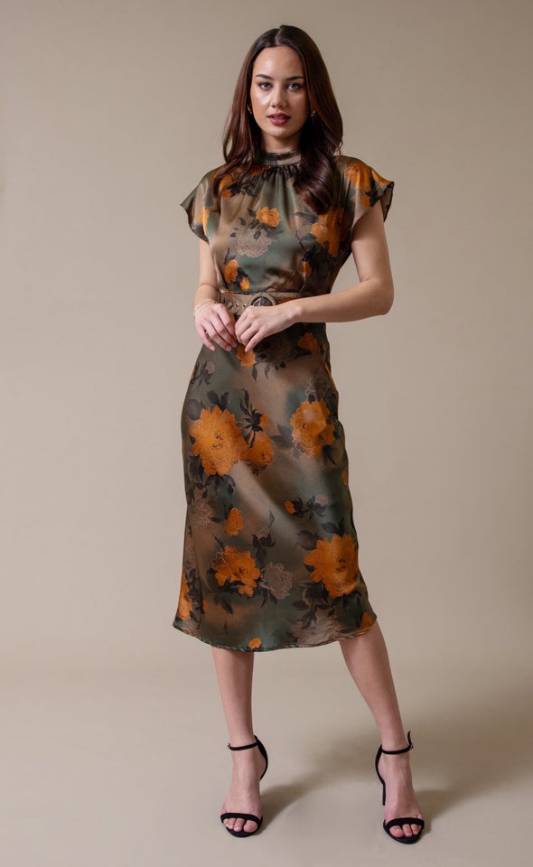 Satin High Neck Belted Flutter Dress Green/ochre