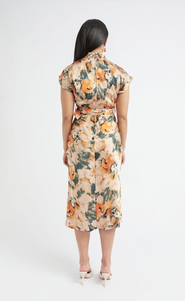 Satin High Neck Belted Flutter Dress Green/orange