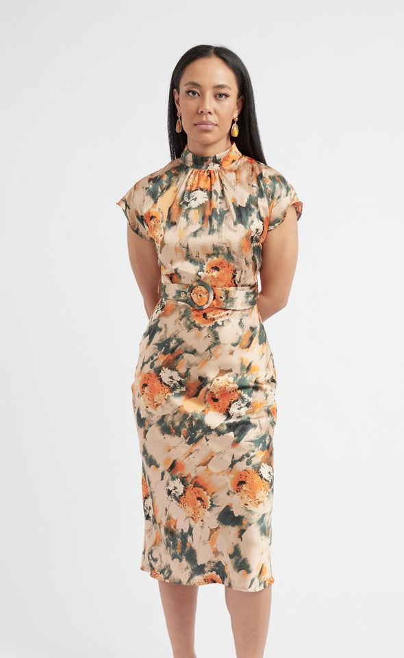 Satin High Neck Belted Flutter Dress Green/orange