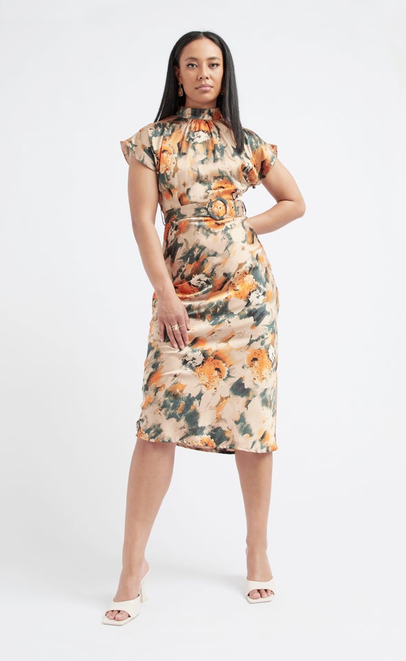 Satin High Neck Belted Flutter Dress Green/orange