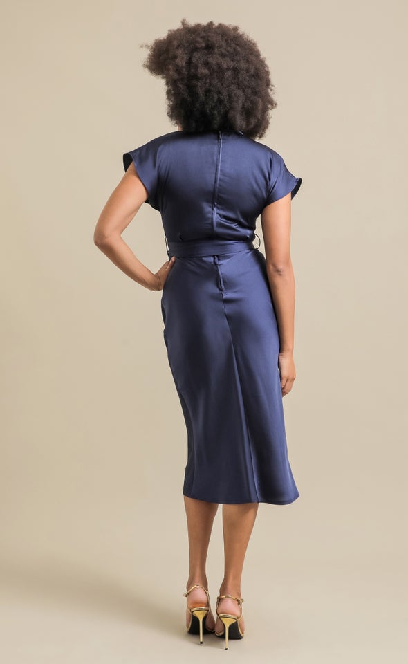 Satin High Neck Belted Flutter Dress Ink