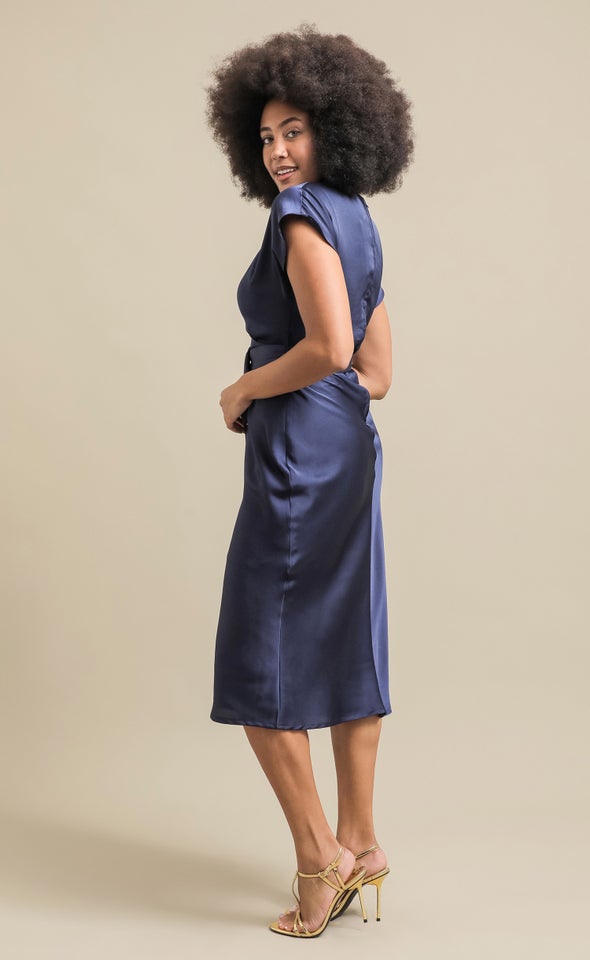 Satin High Neck Belted Flutter Dress Ink
