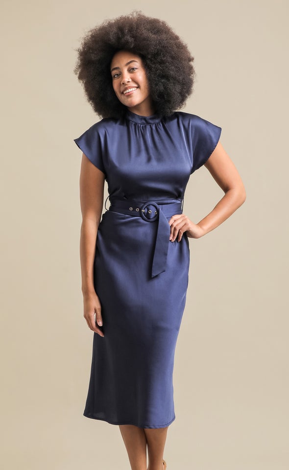 Satin High Neck Belted Flutter Dress Ink