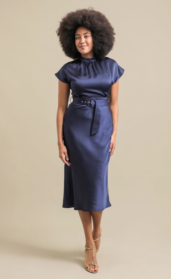 Satin High Neck Belted Flutter Dress Ink