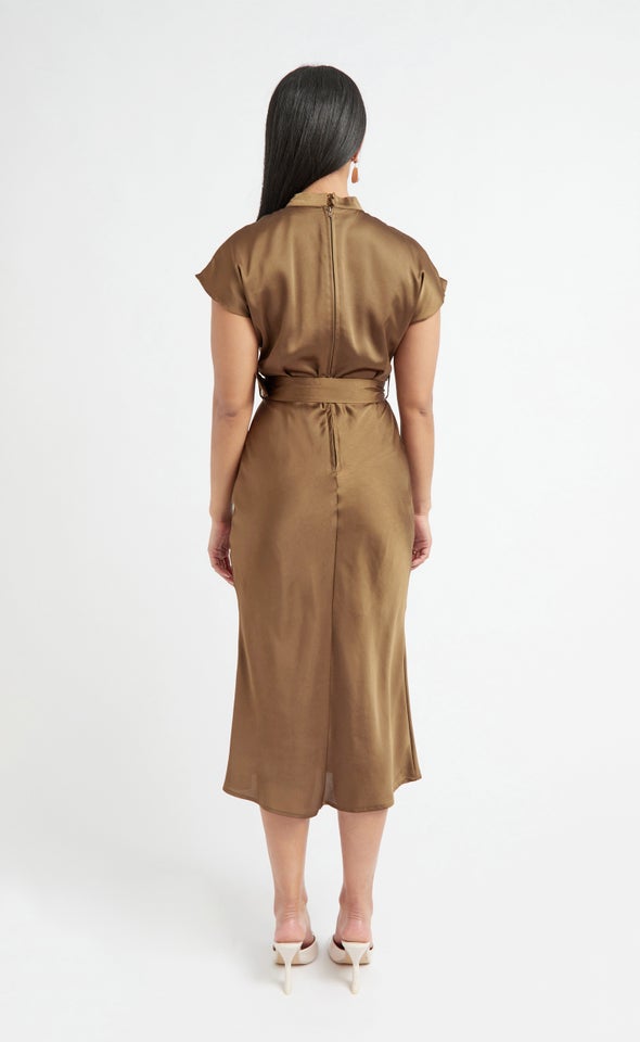 Satin High Neck Belted Flutter Dress Khaki