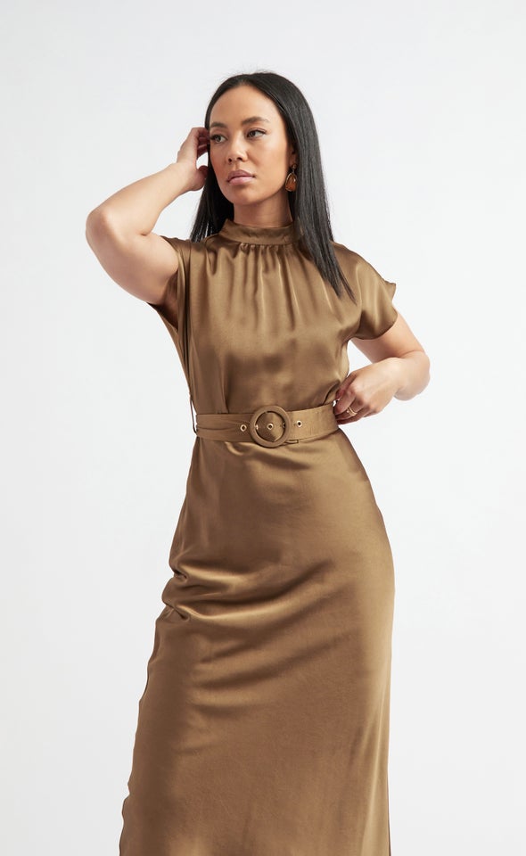 Satin High Neck Belted Flutter Dress Khaki