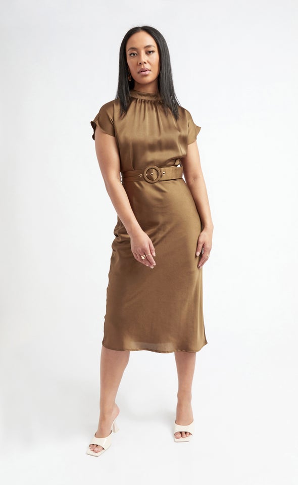 Satin High Neck Belted Flutter Dress Khaki