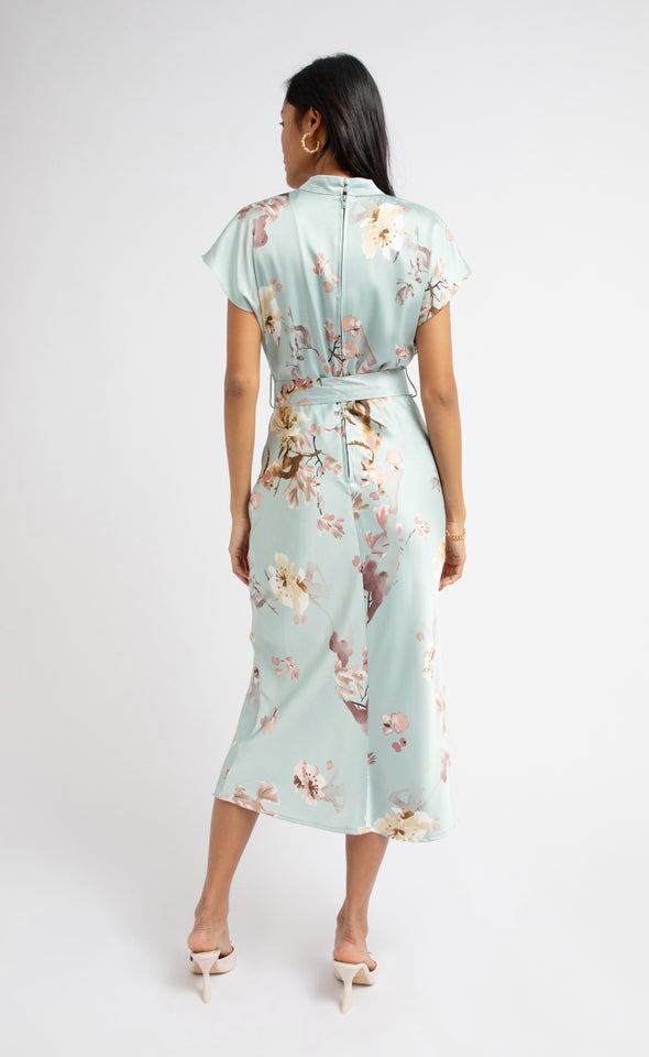 Satin High Neck Belted Flutter Dress Mint/floral