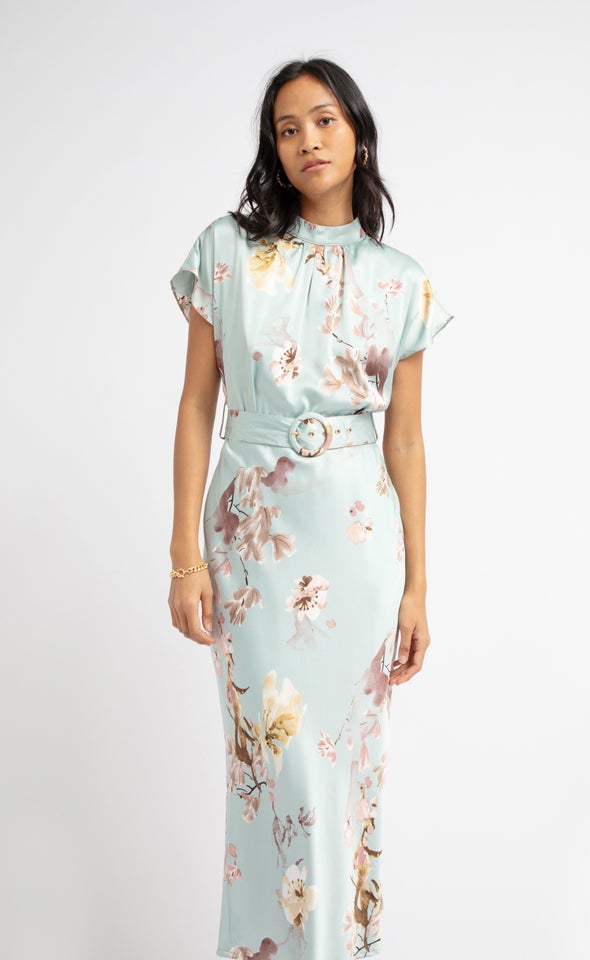 Satin High Neck Belted Flutter Dress Mint/floral
