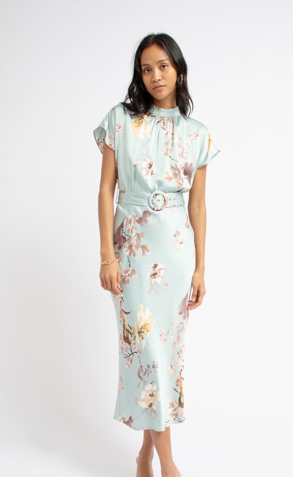 Satin High Neck Belted Flutter Dress Mint/floral
