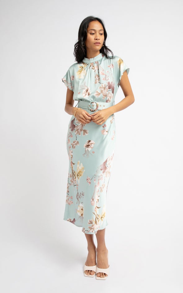 Satin High Neck Belted Flutter Dress Mint/floral