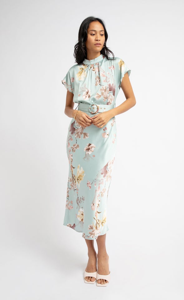Satin High Neck Belted Flutter Dress Mint/floral