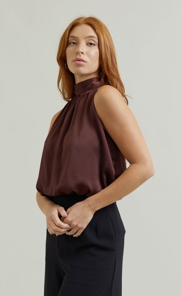 Satin High Neck Crop Top Chocolate