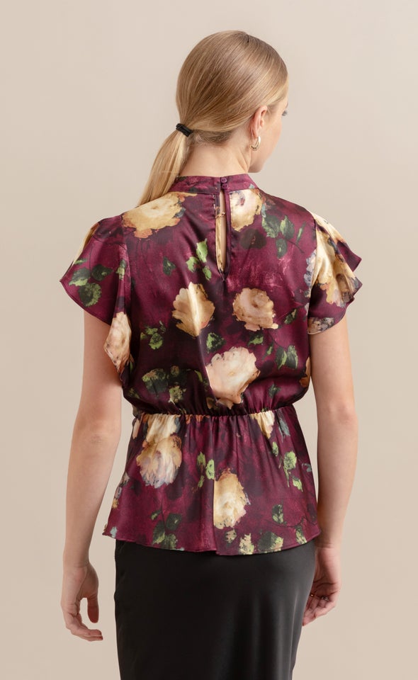 Satin High Neck Flutter Top Aubergine/floral