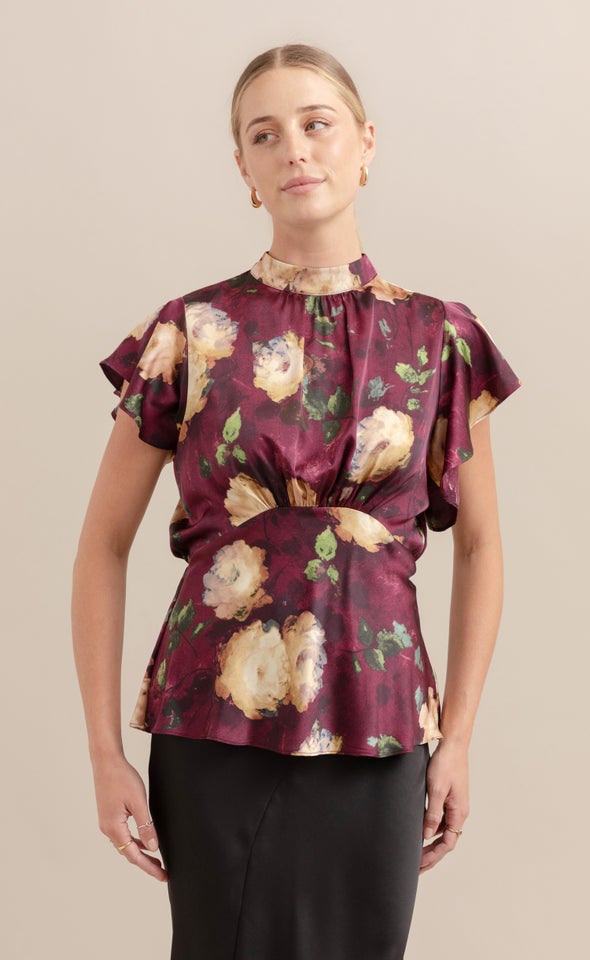 Satin High Neck Flutter Top Aubergine/floral