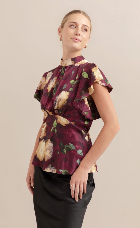 Satin High Neck Flutter Top Aubergine/floral