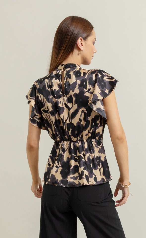 Satin High Neck Flutter Top Gold/black