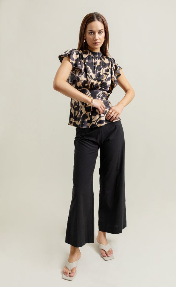 Satin High Neck Flutter Top Gold/black